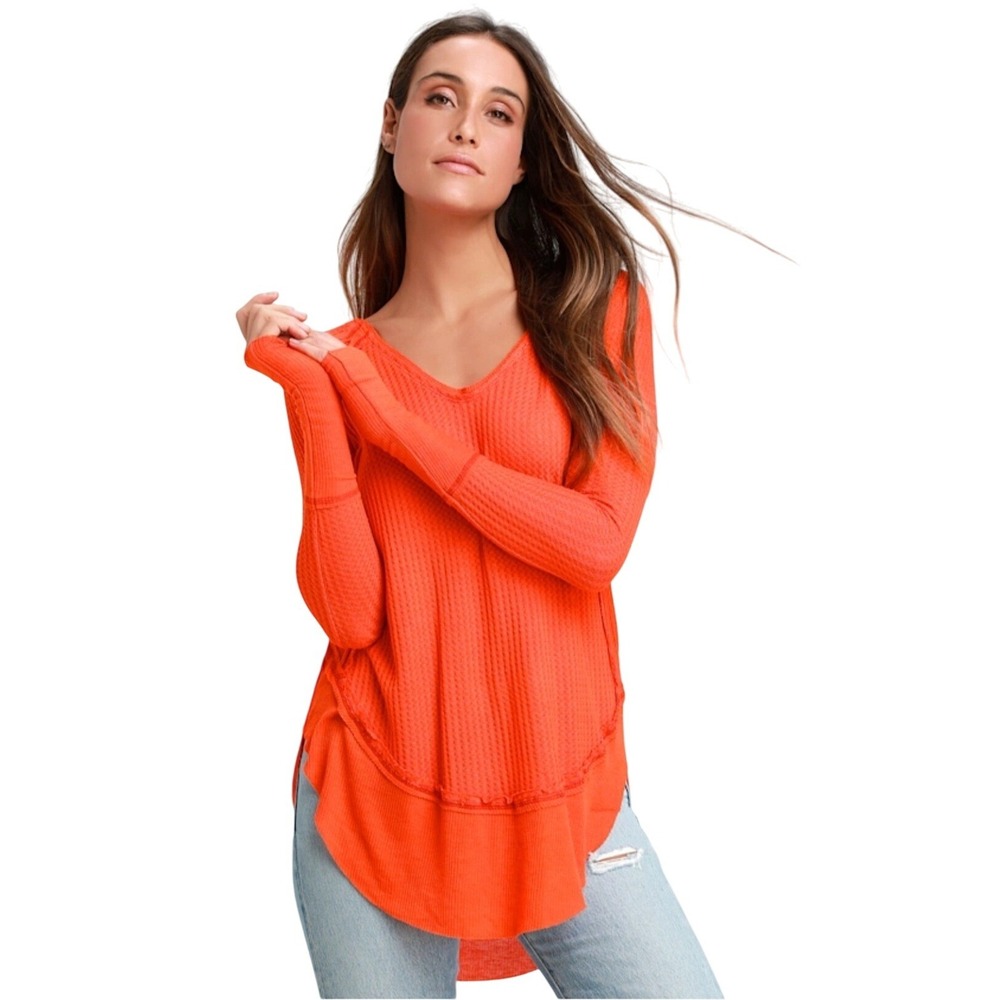 New Free People Women's‎ Orange Catalina Waffle Knit Thermal Top Size XS